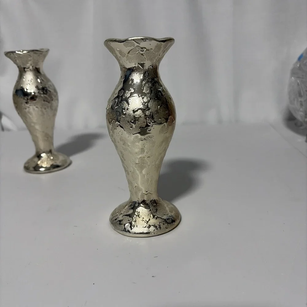 Two Vintage Weeping Gold Textured Bud Vases Mid Century Modern